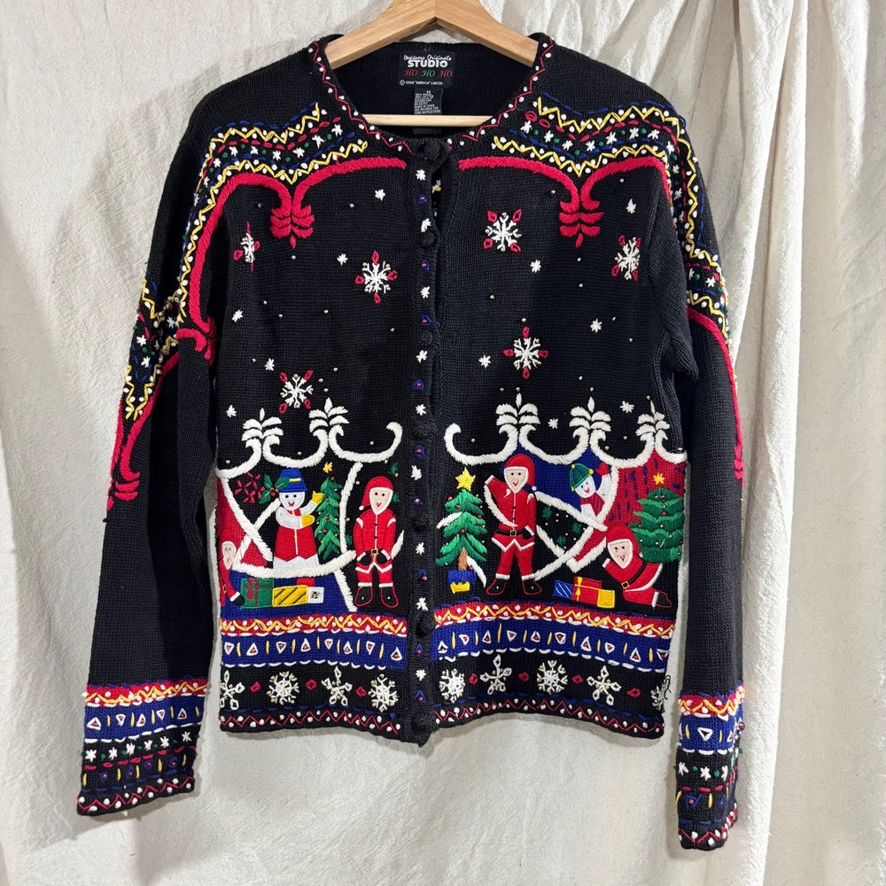 Vintage Ugly Christmas Cardigan Sweater Black Embroidered 90s M Santa Snowflakes